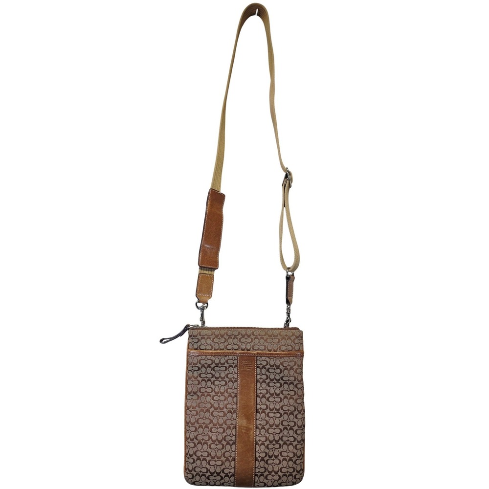 Coach Signature Jacquard Crossbody Bag Tan Leather Trim Slim Messenger Brown - Picture 1 of 12